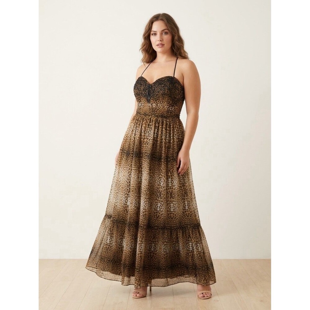 NWT! ADRIANNA PAPELL Red Carpet Leopard Beaded Gown Dress $300 Animal Print 14